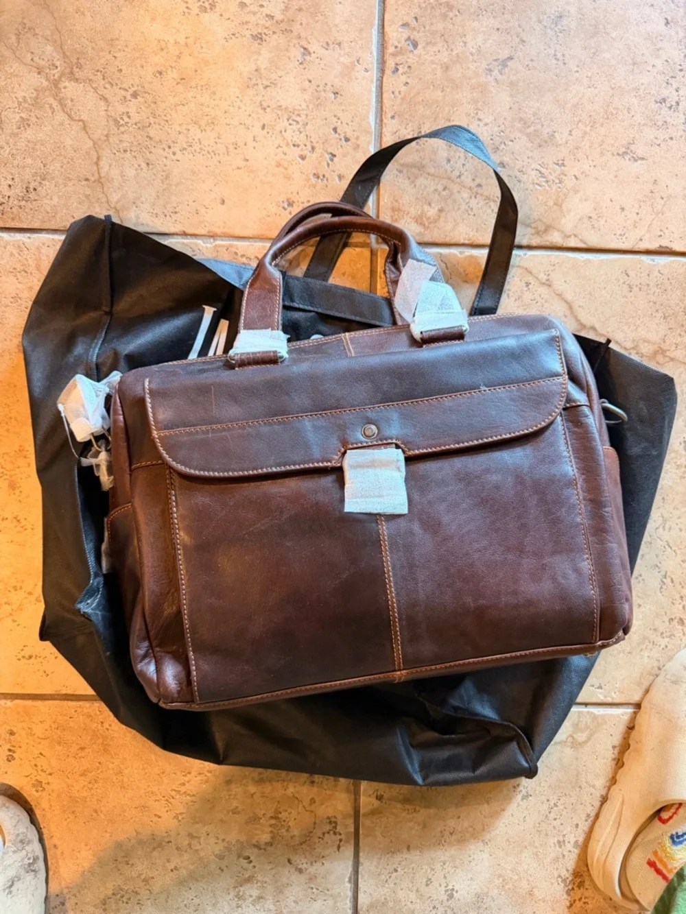 Men's Brown Leather Briefcase with Top Handles and Shoulder Strap